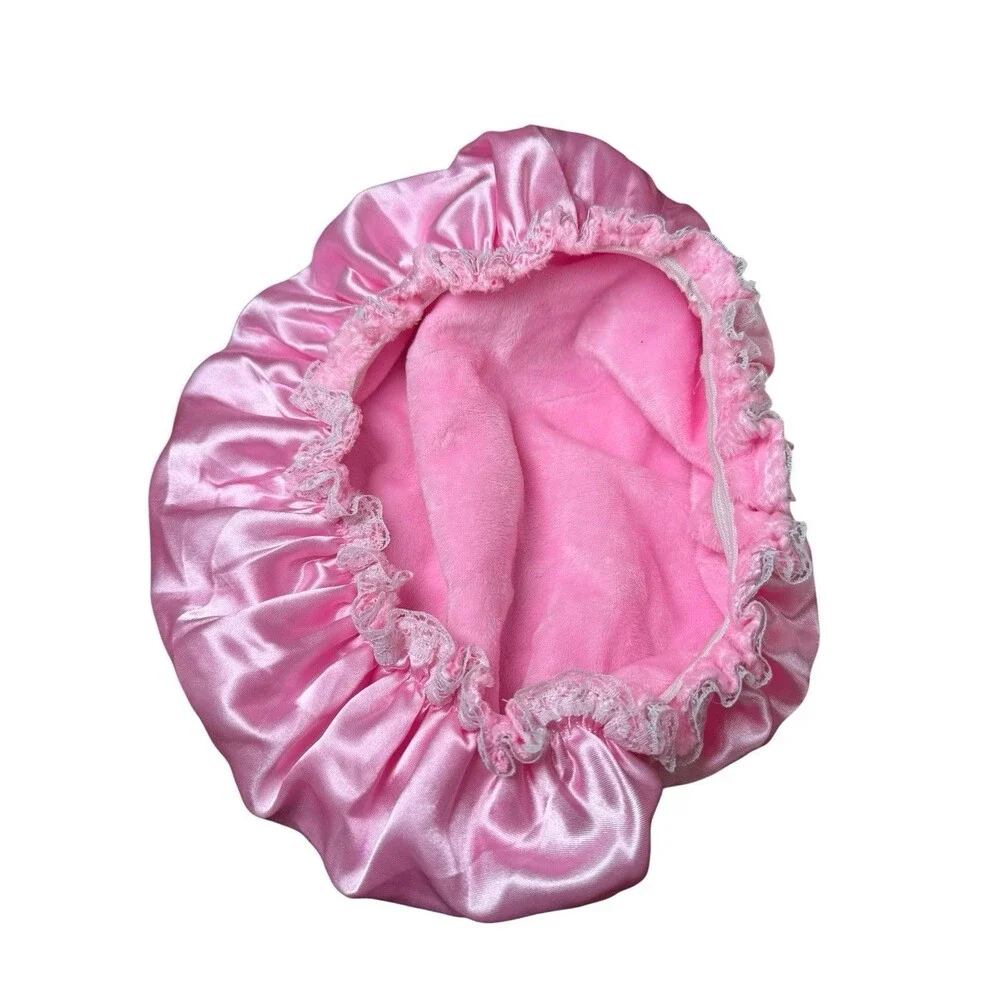 2 Satin Vintage Sleep Bonnet Hat Lace Trim Fleece Interior Cottagecore Night Cap